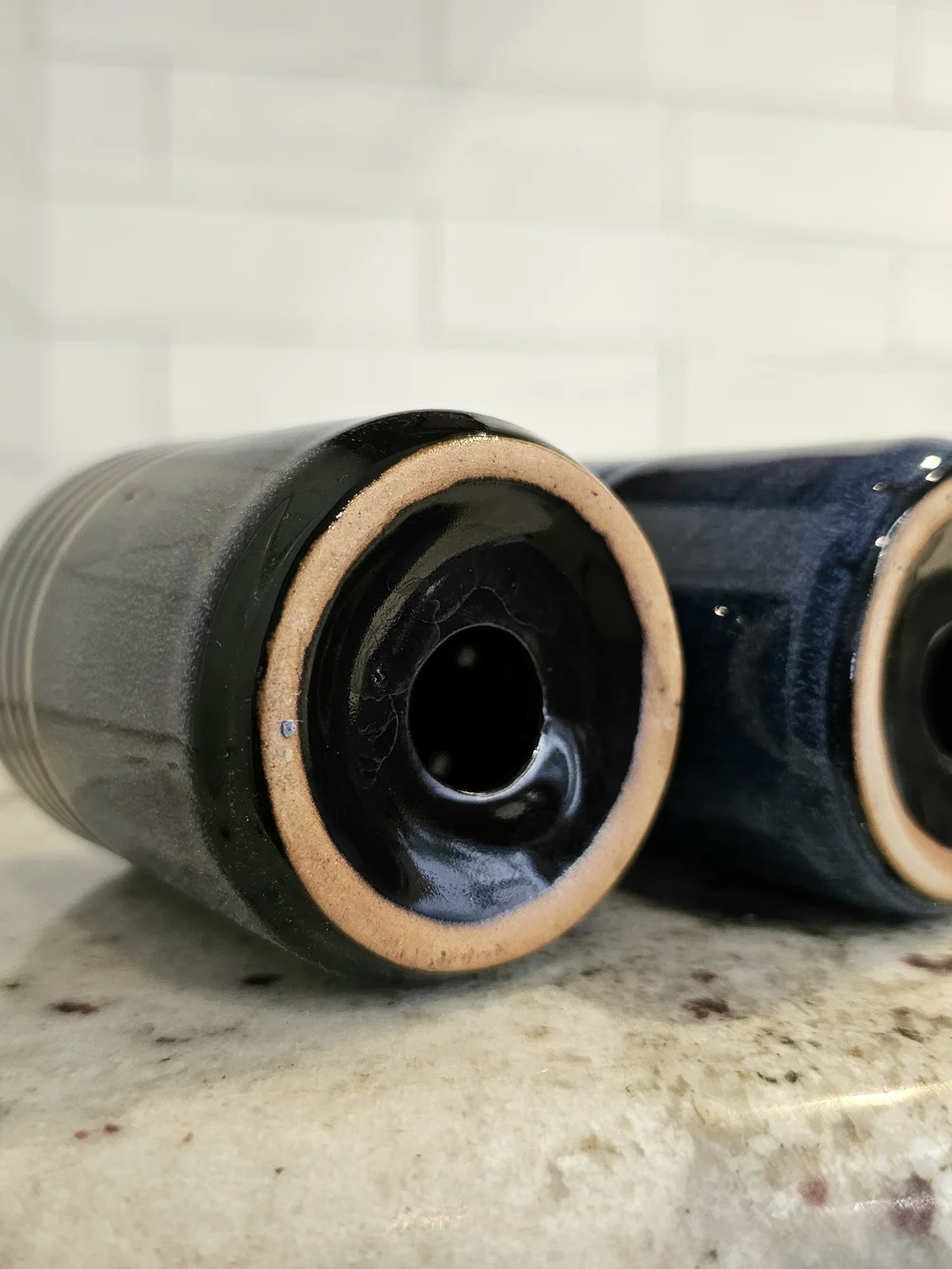 Set Of Dark Blue Glazed Ceramic Salt And Pepper THL Blue Drip Glaze Farmhouse